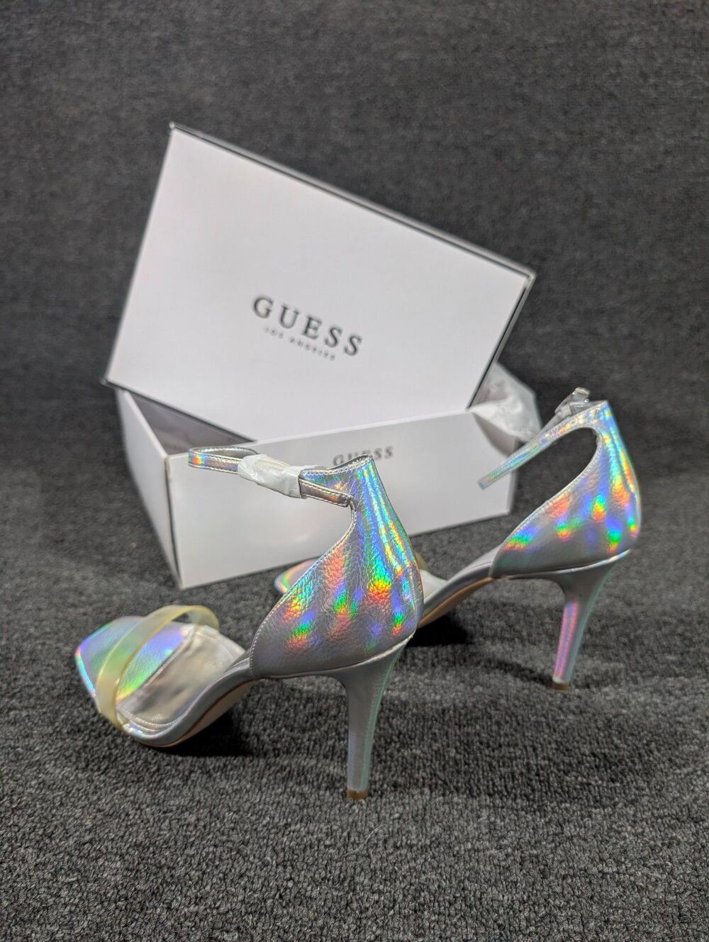 GUESS Womens 9.5 Silver Square Toe Stiletto Heeled Sandal Ankle Strap - Picture 5 of 8